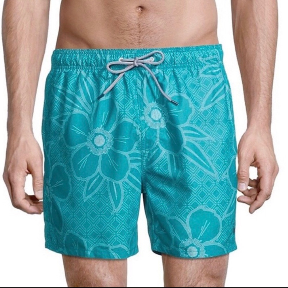 TED BAKER LONDON linear Floral Swim shorts trunks blue teal Medium